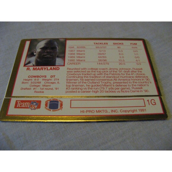 1991 Action Packed Rookie Update 24K Gold #1G Russell Maryland Dallas Cowboys - Picture 2 of 4